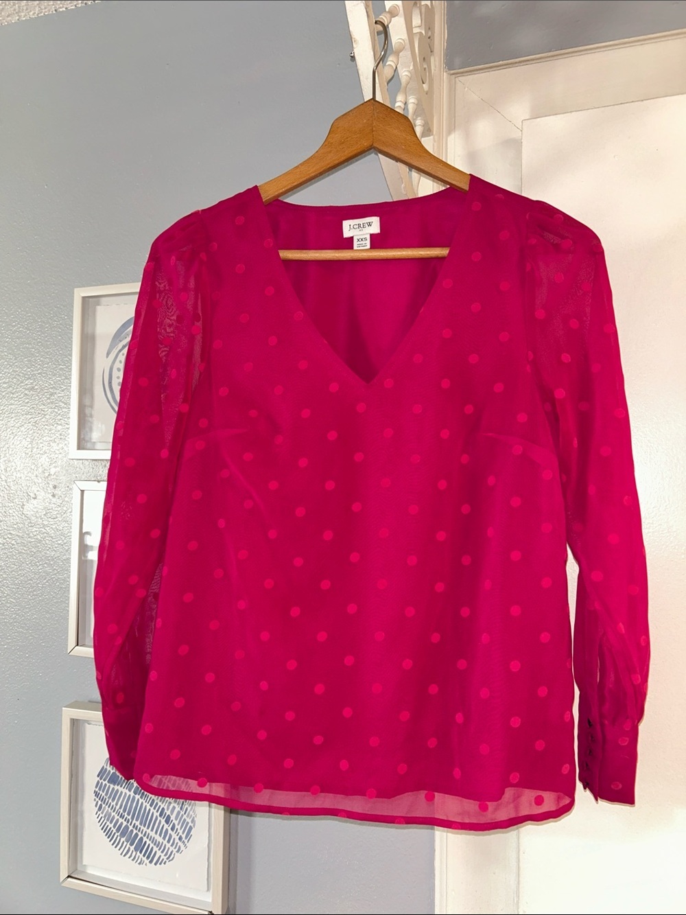 J. Crew Women’s Bright Fuchsia Polka Dot Fairy V-Neck Lined Blouse Size XXS